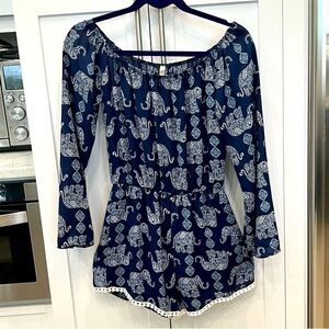 Jesse & J Navy Elephant Long Sleeve Shorts Crochet Hem Romper